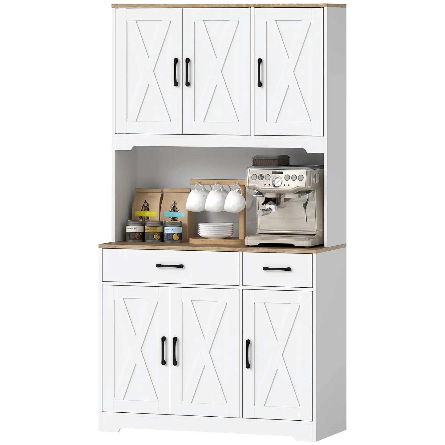 HOMCOM 175cm Kitchen Pantry Cabinet with Microwave Stand – White Farmhouse Storage Cupboard