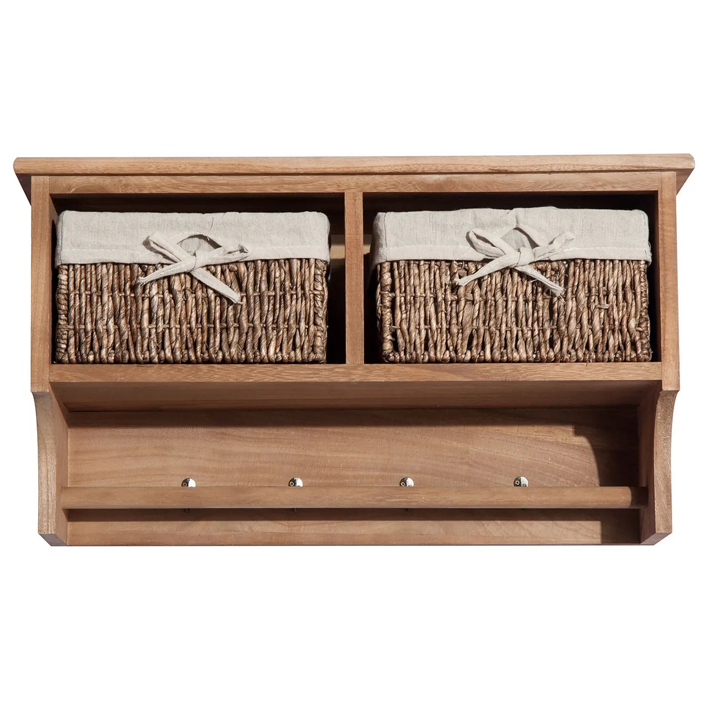 Wall Mounted Coat Rack Shelf with Hooks & Baskets – Modern Entryway Storage (Brown)