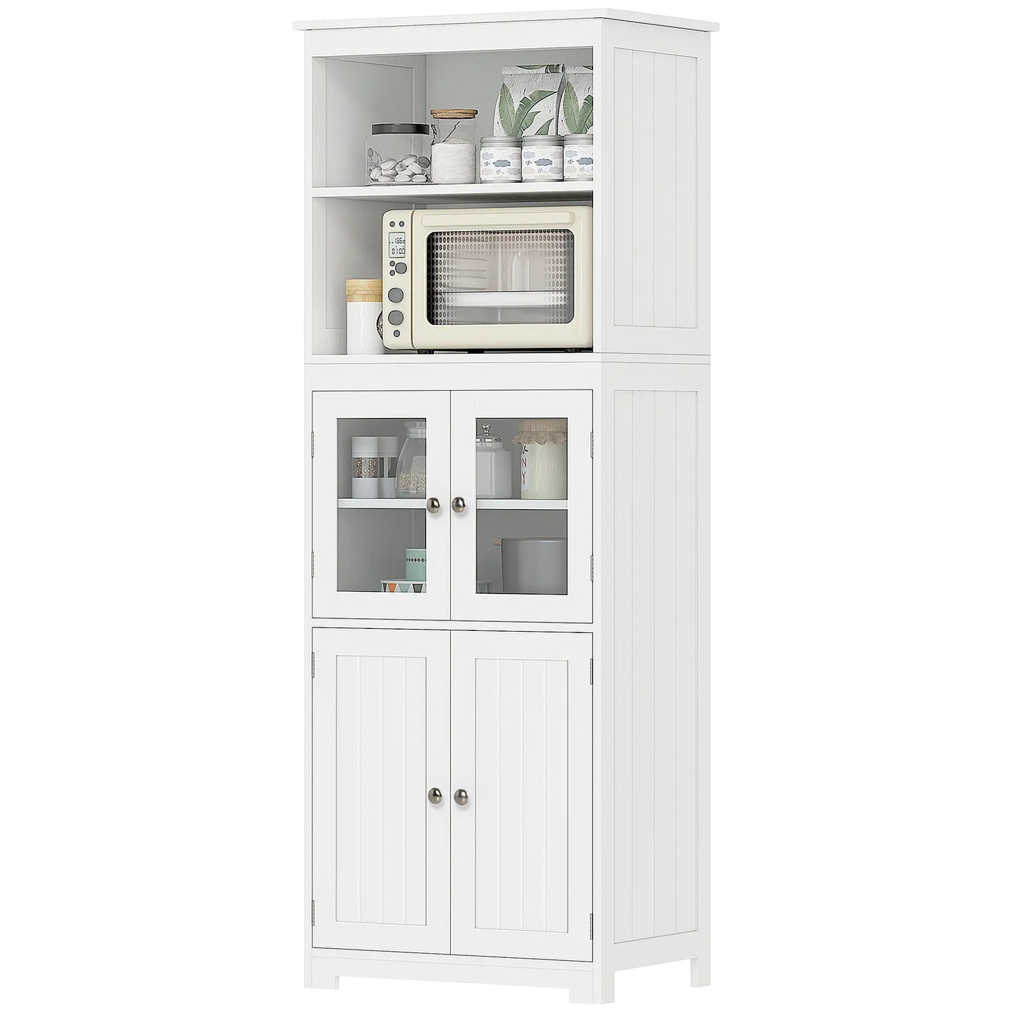 Tall Kitchen Pantry Cupboard – 4 Door Storage Cabinet with Glass Display (White)