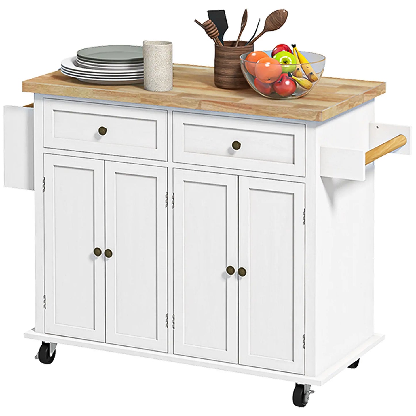 White Kitchen Island Trolley with Rubberwood Top, Drawers & Storage Cabinets