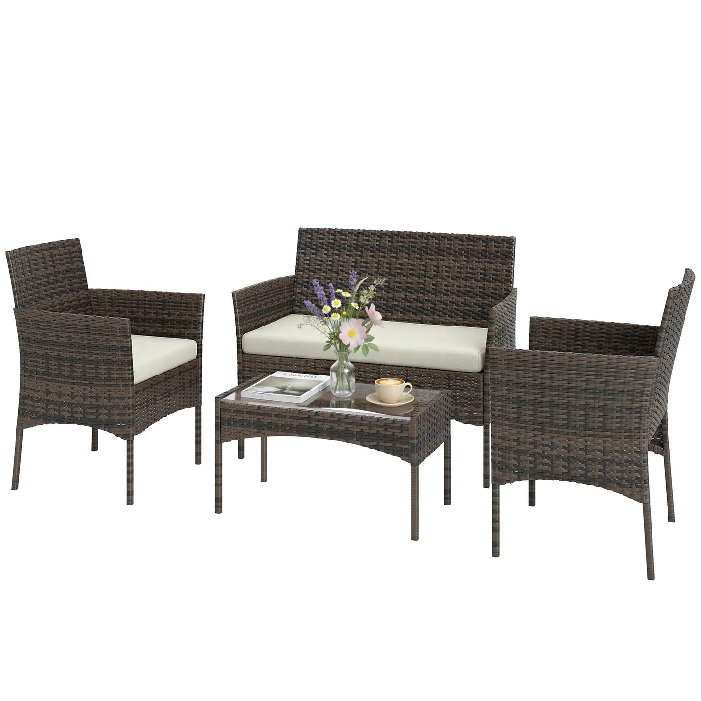 4 Piece Rattan Garden Furniture Sofa Set in Brown