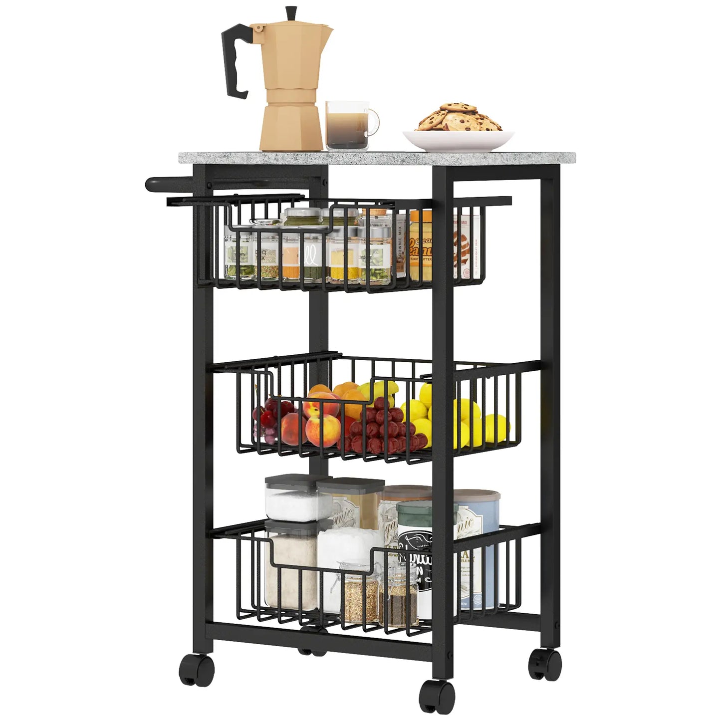 HOMCOM 3 Tier Slim Kitchen Trolley on Wheels – Narrow Rolling Storage Cart Grey