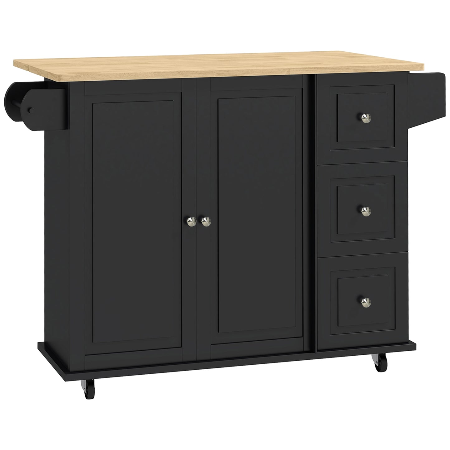 Kitchen Island with Drop Leaf + Storage - Trolley on Wheels with 3 Drawers in Black