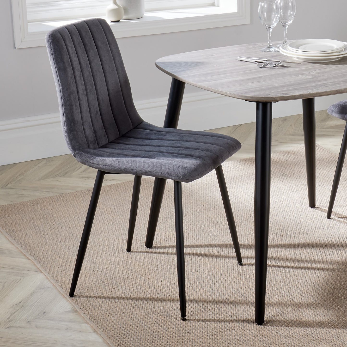 Aspen Pair of Straight Stitch Grey Fabric Dining Chair With Black Tapered Legs