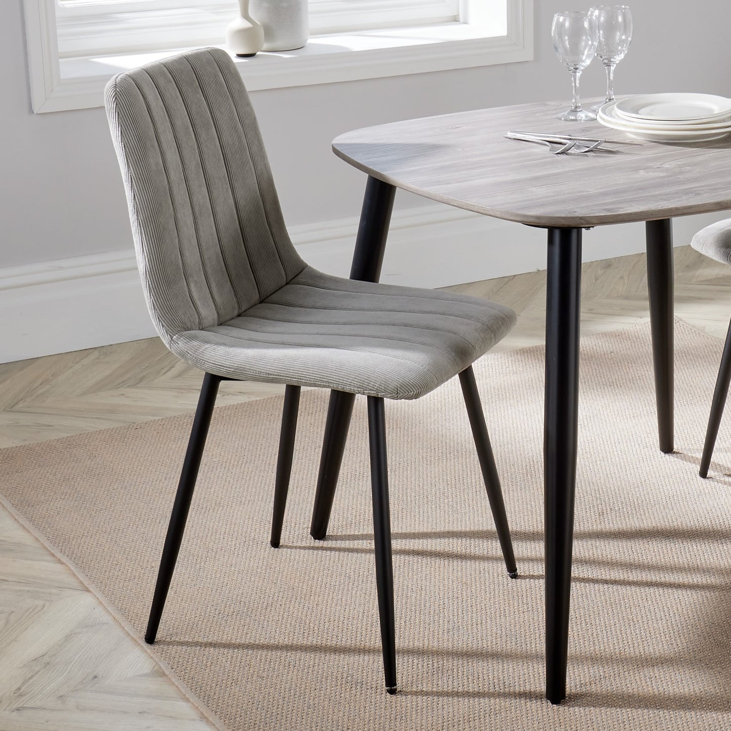 Aspen Pair of Straight Stitch Light Grey Cord Fabric Dining Chair With Black Tapered Legs