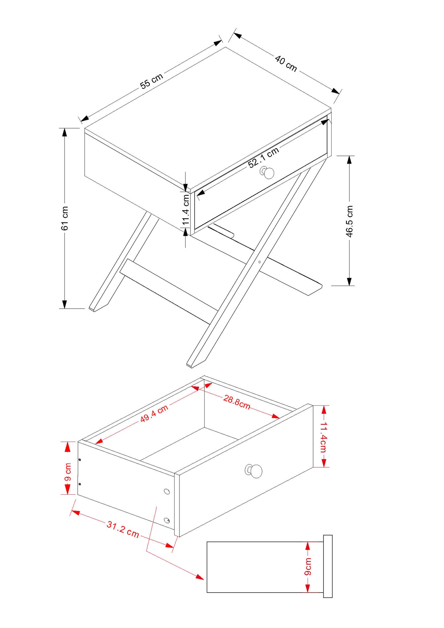 X Leg White 1 Drawer Bedside Cabinet