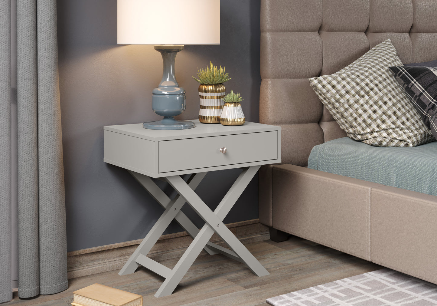 X Leg Grey 1 Drawer Bedside Cabinet