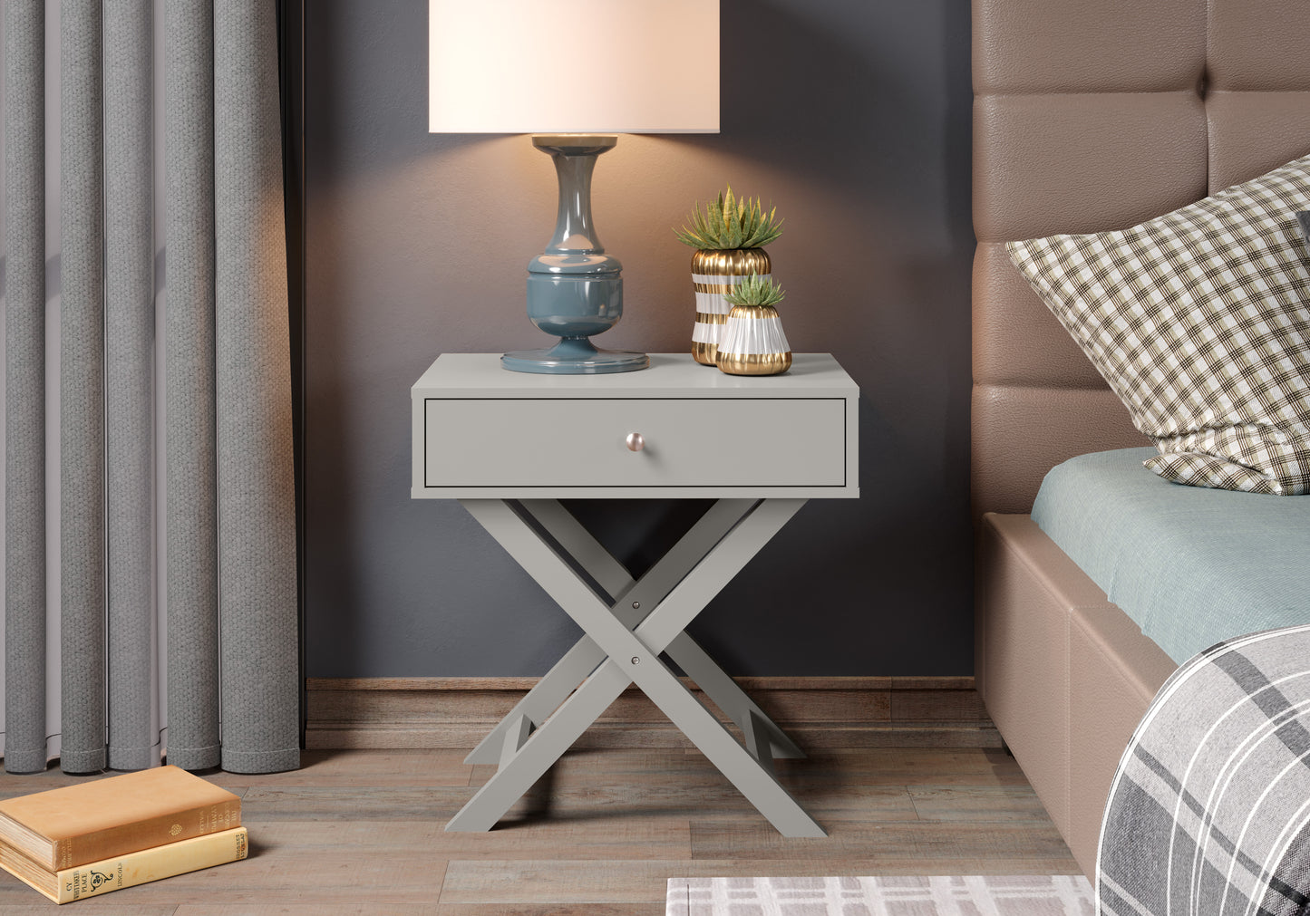 X Leg Grey 1 Drawer Bedside Cabinet