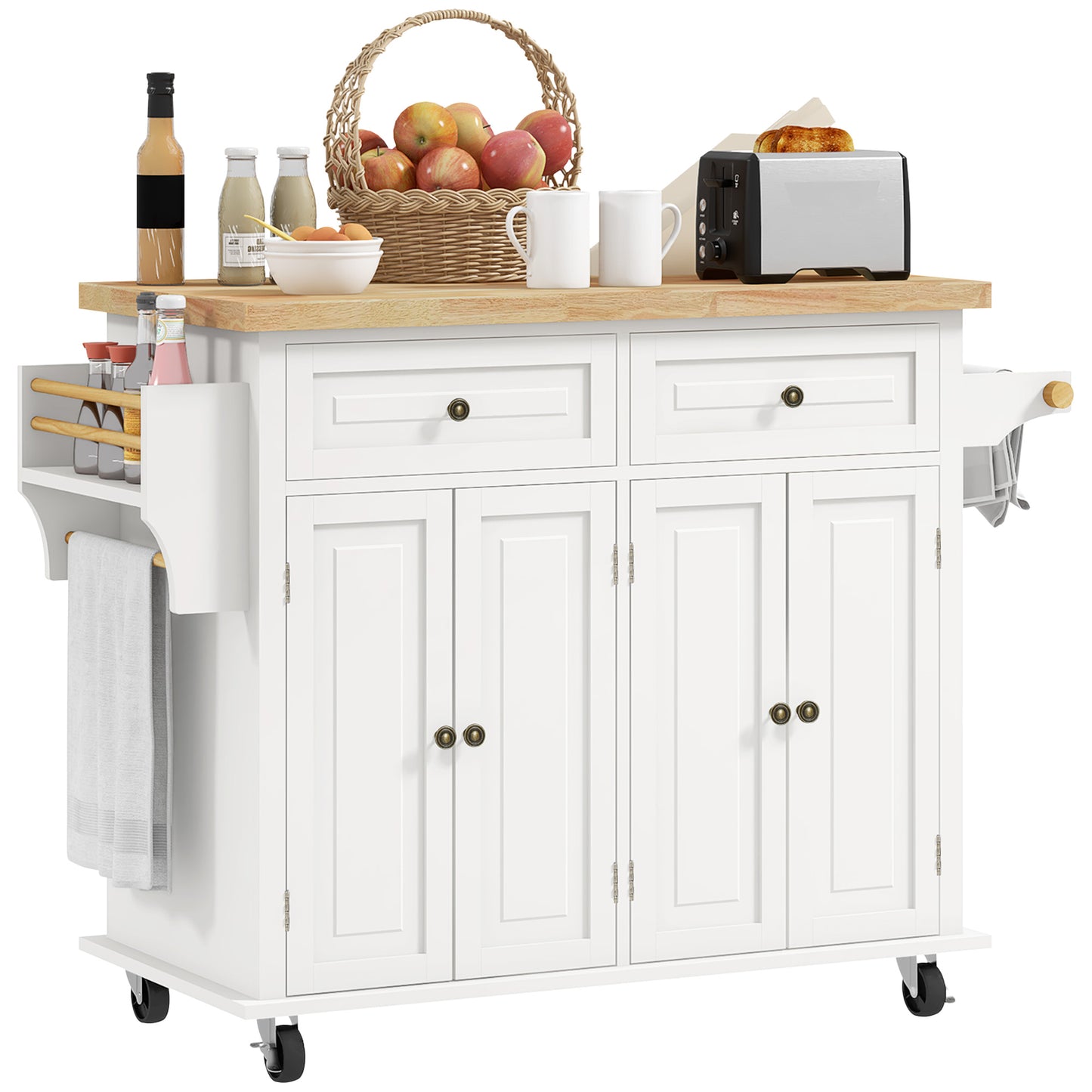 Kitchen Island Storage Rolling Trolley with Rubber Wood Top & Drawers in Cream White