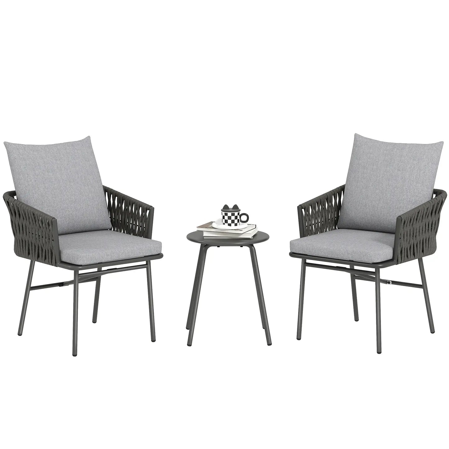 3-Piece Rattan Bistro Set, Garden Table and Chairs with 4 Cushions in Grey