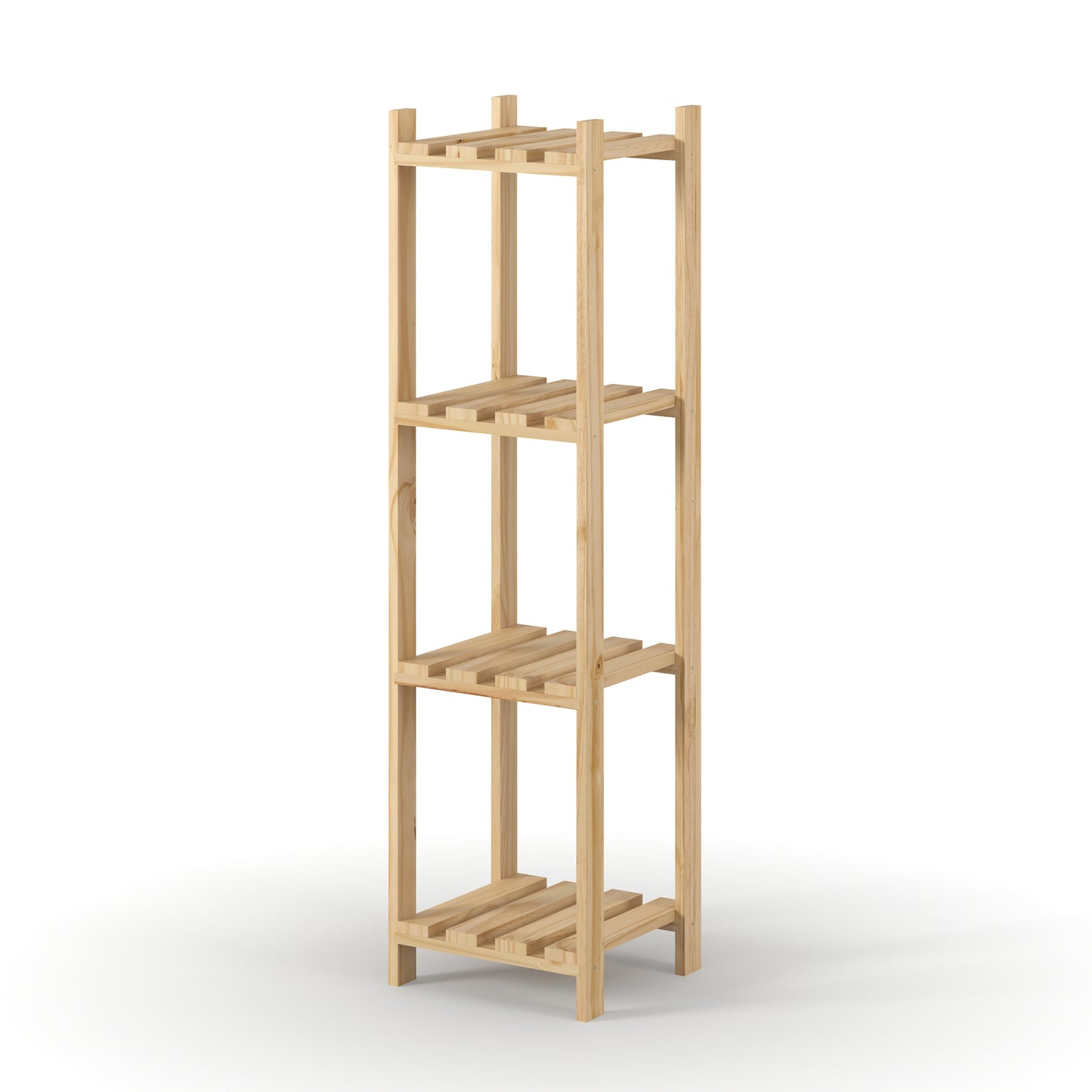 Solid Pine Narrow Storage Unit 4 Tier Slatted Shelf Natural Wood