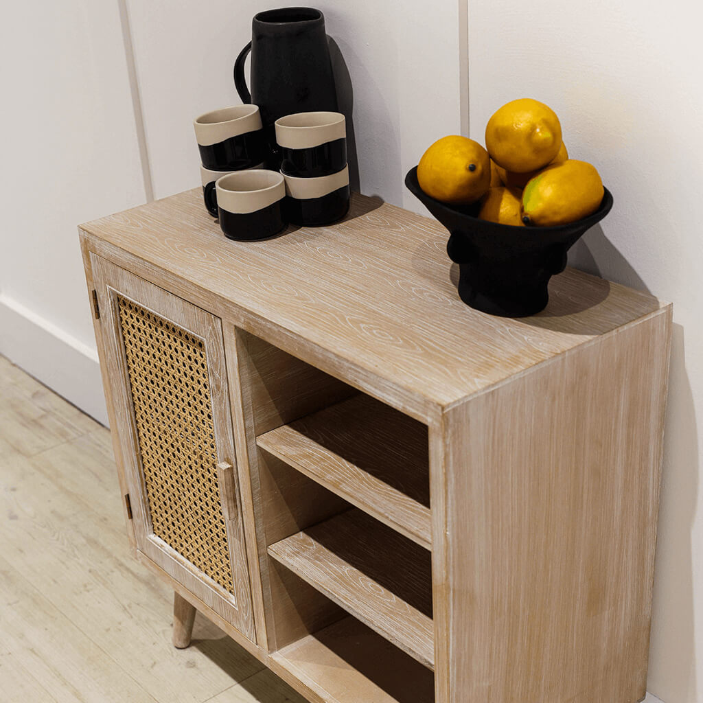 Toulouse Beach Washed Oak Effect 1 Door Display Cabinet - Rattan Style Panels