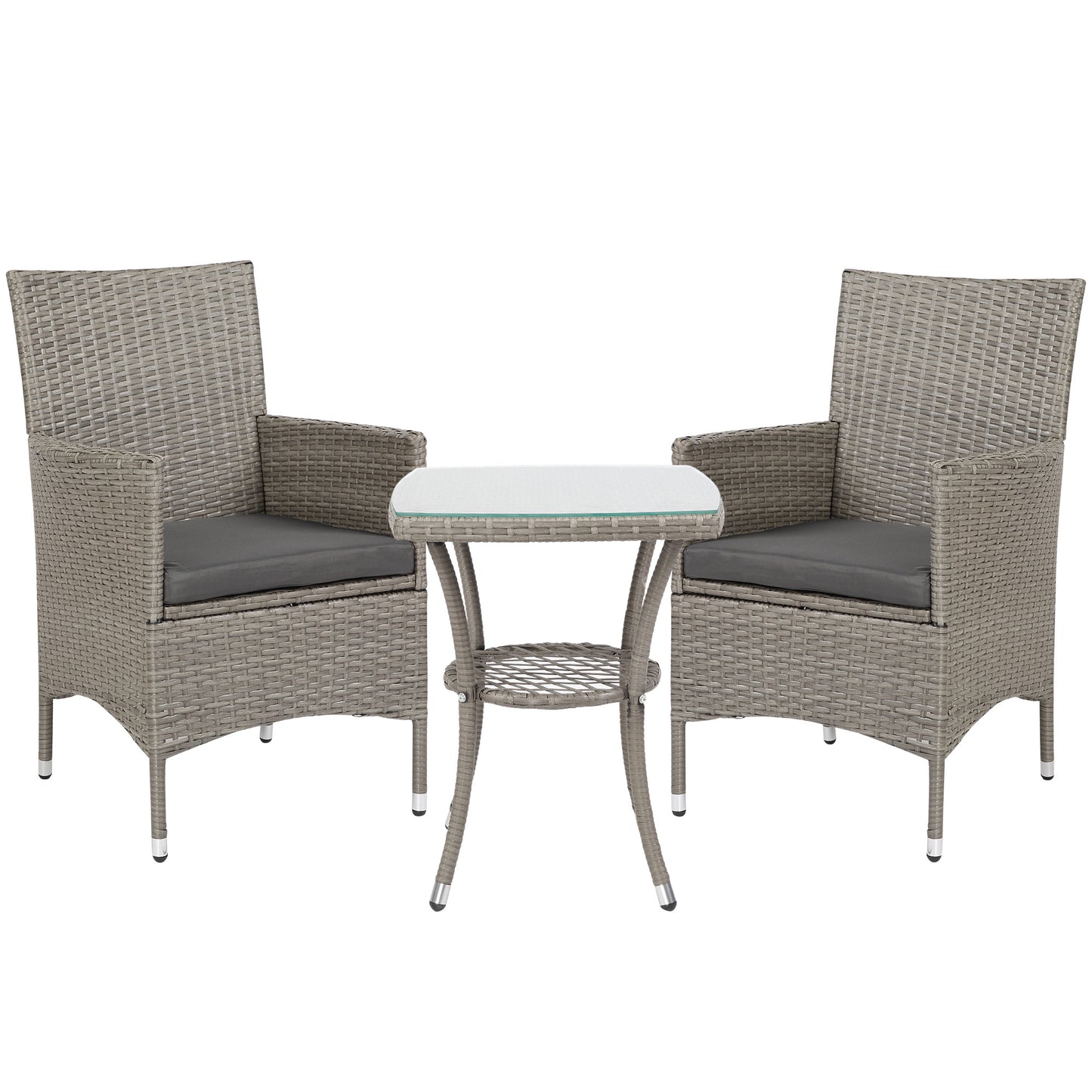 3 Pieces Rattan Bistro Set, Wicker Garden Furniture Set with 2-Tier Coffee Table and Chairs in Grey