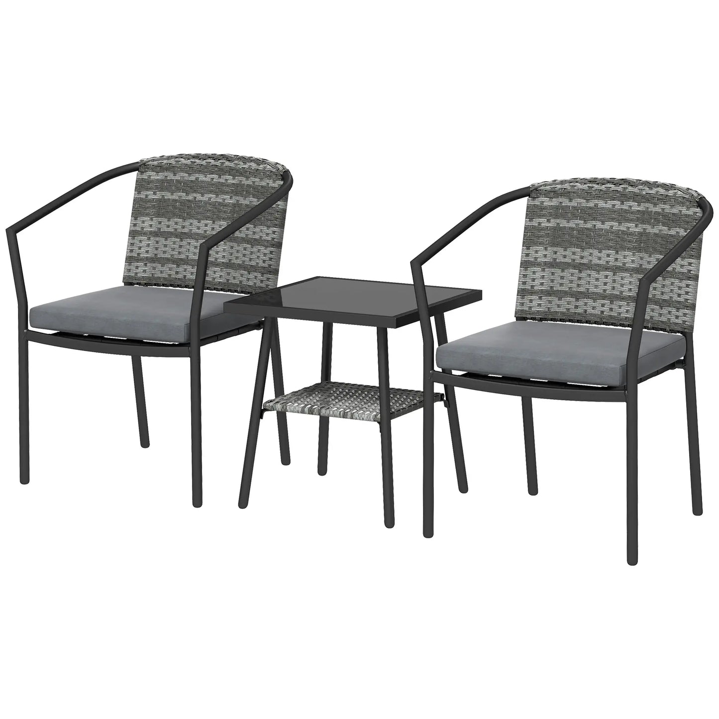 3 Pieces Rattan Bistro Set with Cushions - Glass Top Coffee Table (in Grey)