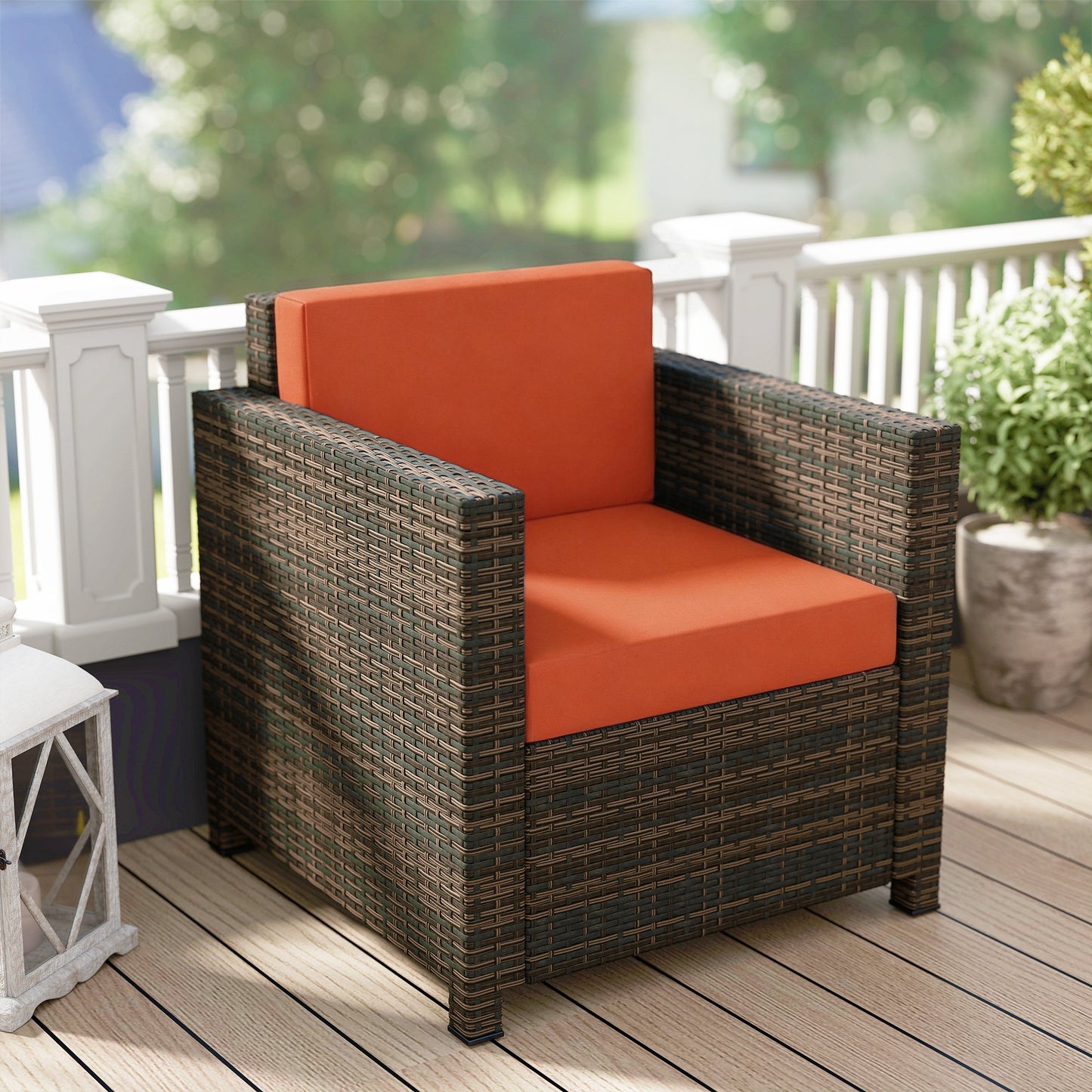 Rattan Garden Armchair with Cushion - Mixed Brown/Orange