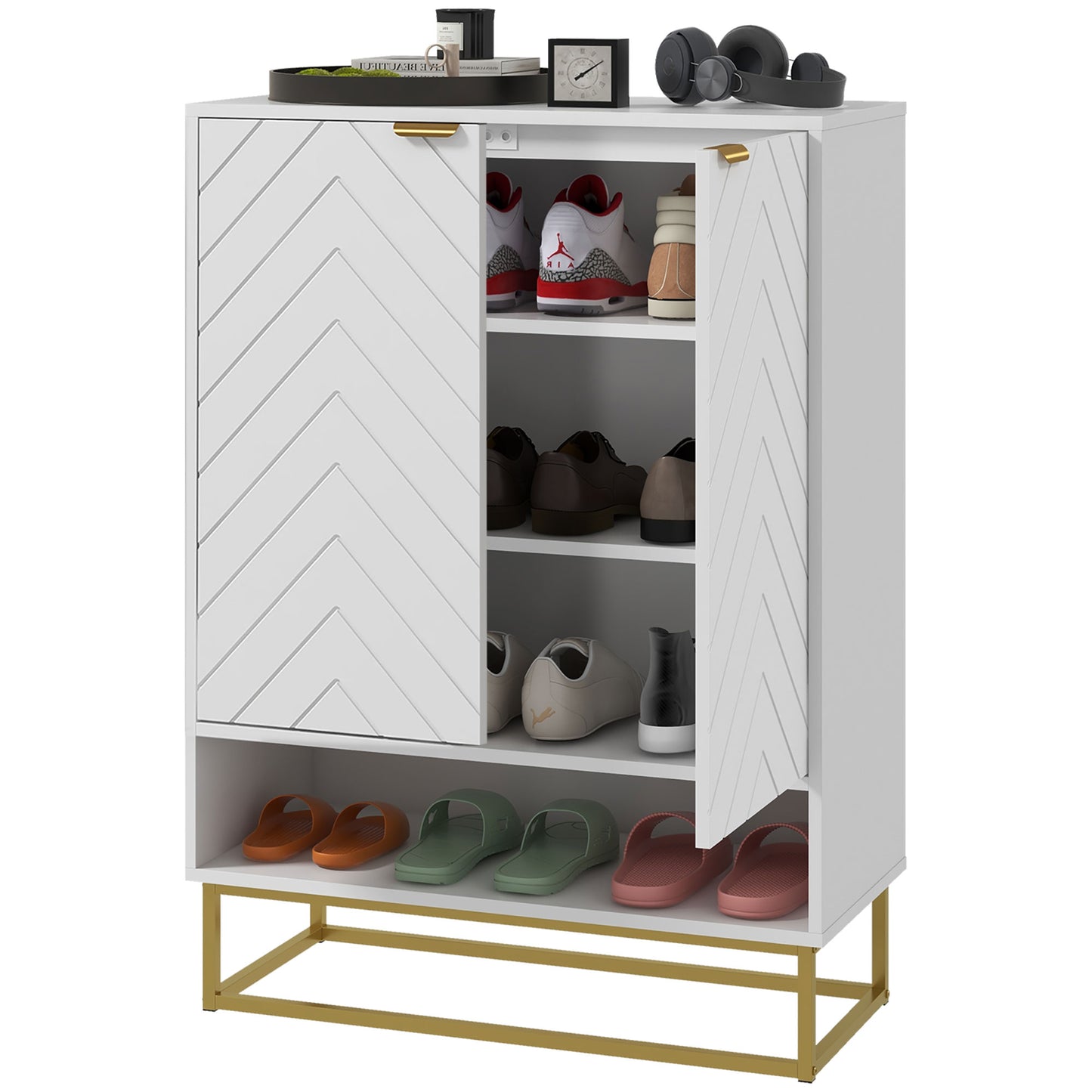 Modern Shoe Storage Cabinet -Cupboard with Open Shelf and Adjustable Shelf