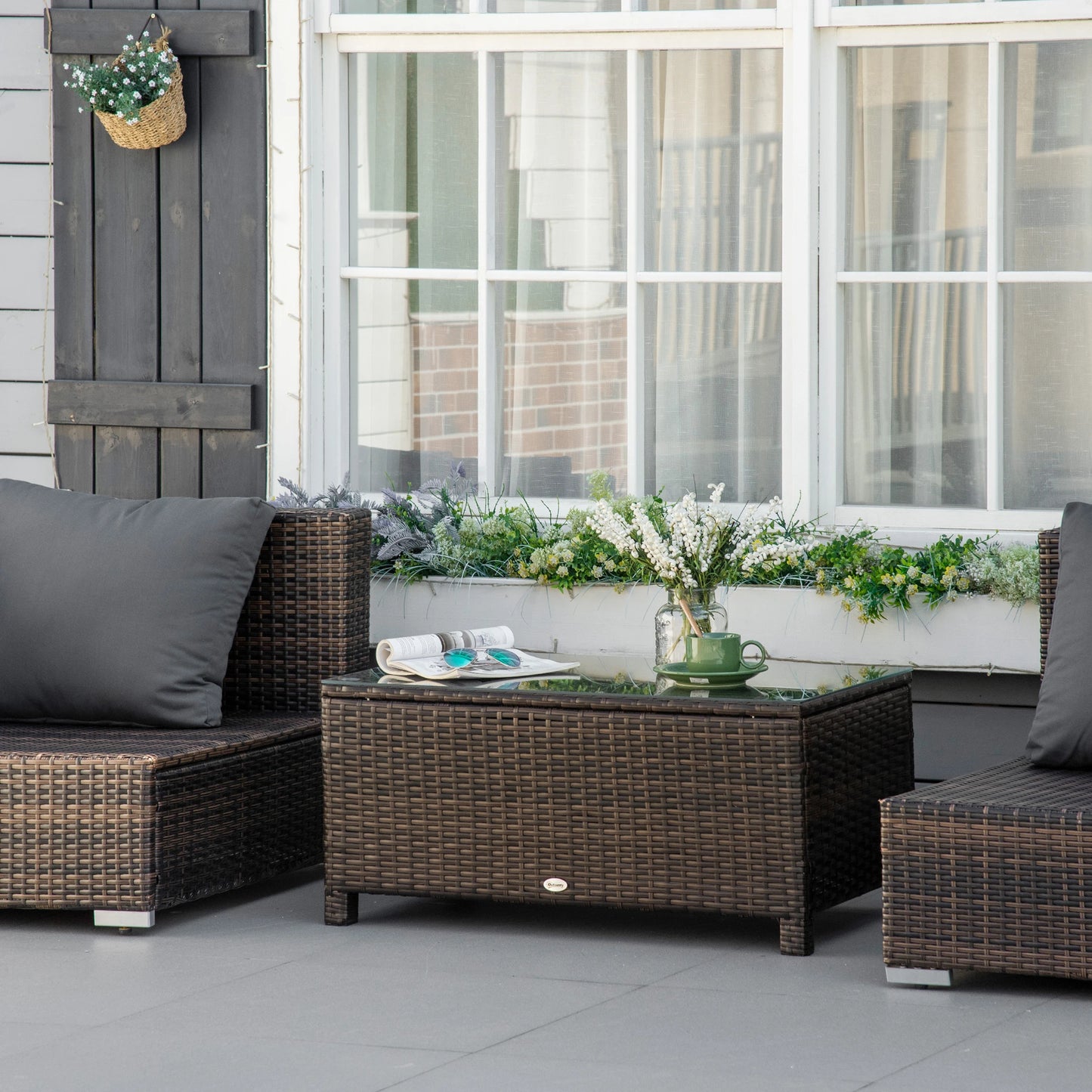 Outsunny Brown PE Rattan Garden Coffee Table with Glass Top
