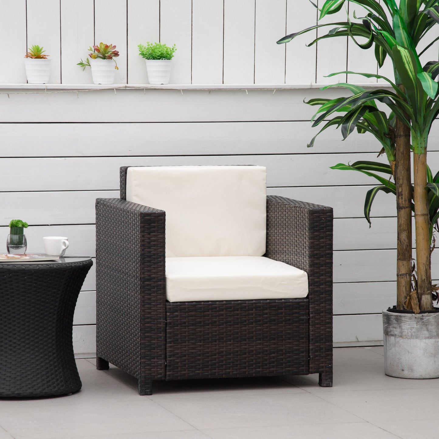 Single Seater Rattan Chair, PE Wicker Garden Armchair with 10 cm Thickened Cushion - Brown