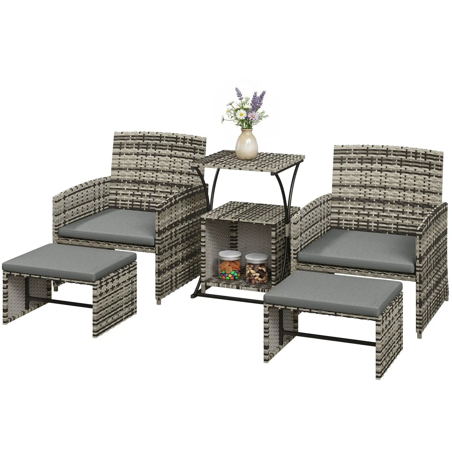 6 Piece Rattan Garden Furniture - Space-Saving Patio Furniture Set with Nesting Tables