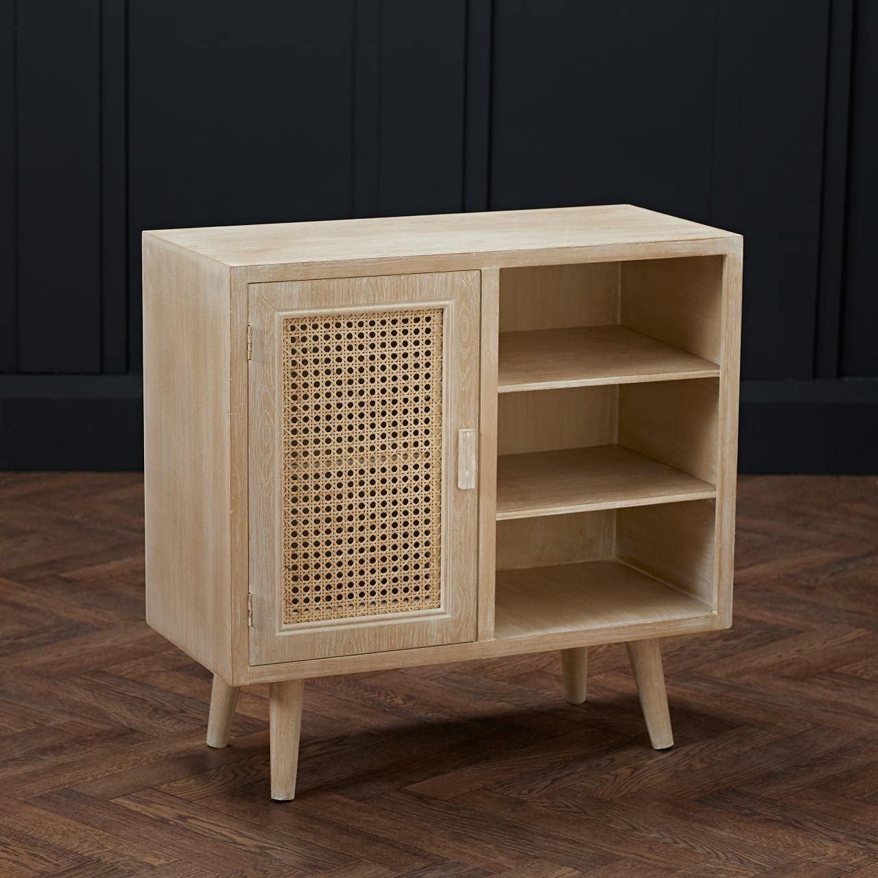 Toulouse Beach Washed Oak Effect 1 Door Display Cabinet - Rattan Style Panels