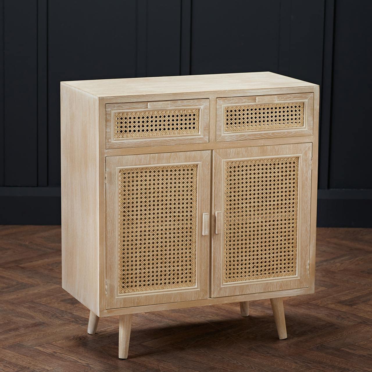 Toulouse Beach Washed Oak Effect 2 Door 2 Drawer Sideboard - Rattan Style Panels
