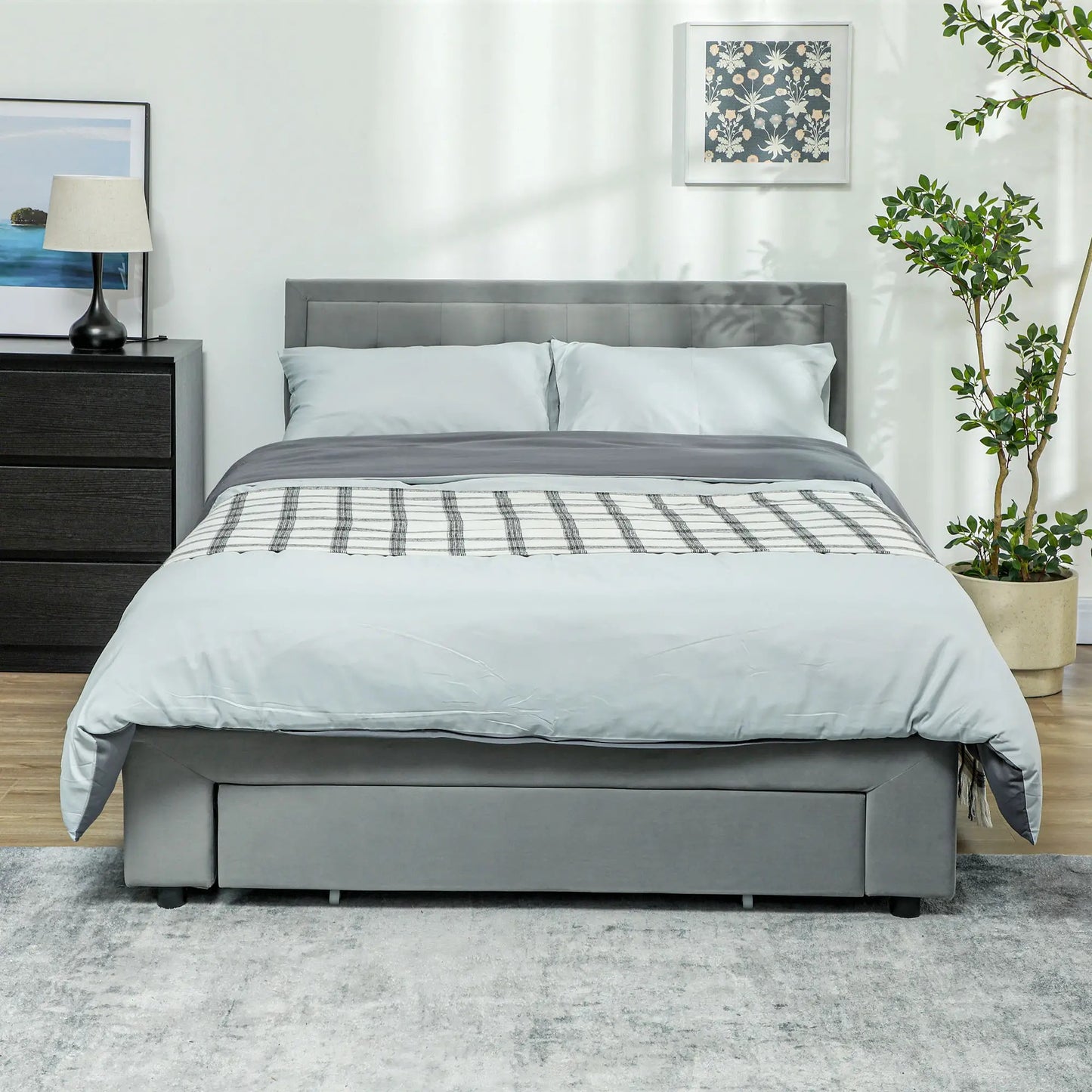 HOMCOM Double Ottoman Bed Frame with Front Drawer in Grey