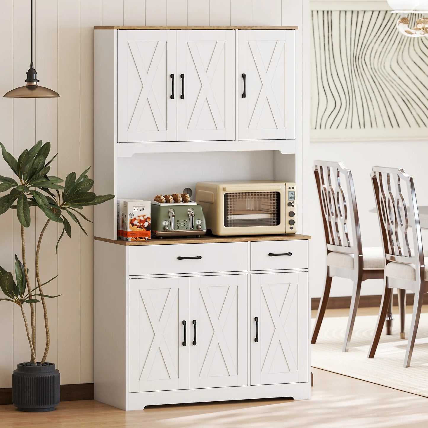 HOMCOM 175cm Kitchen Pantry Cabinet with Microwave Stand – White Farmhouse Storage Cupboard