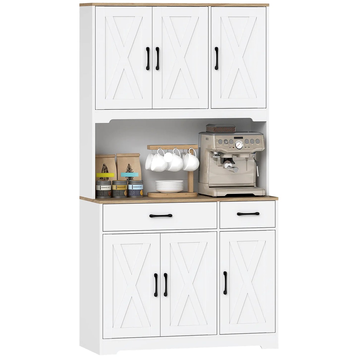 HOMCOM 175cm Kitchen Pantry Cabinet with Microwave Stand – White Farmhouse Storage Cupboard