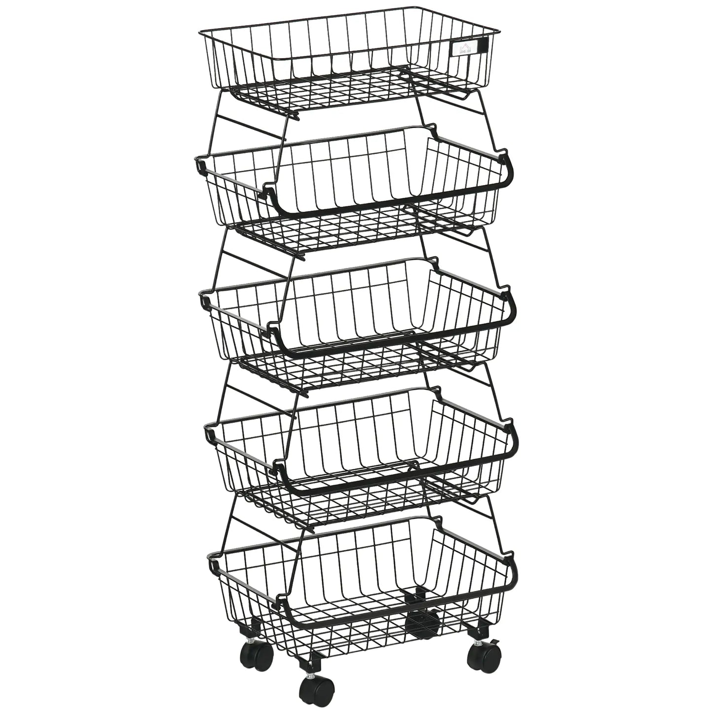 HOMCOM 5 Tier Slim Storage Trolley on Wheels – Stackable Kitchen & Utility Cart Black