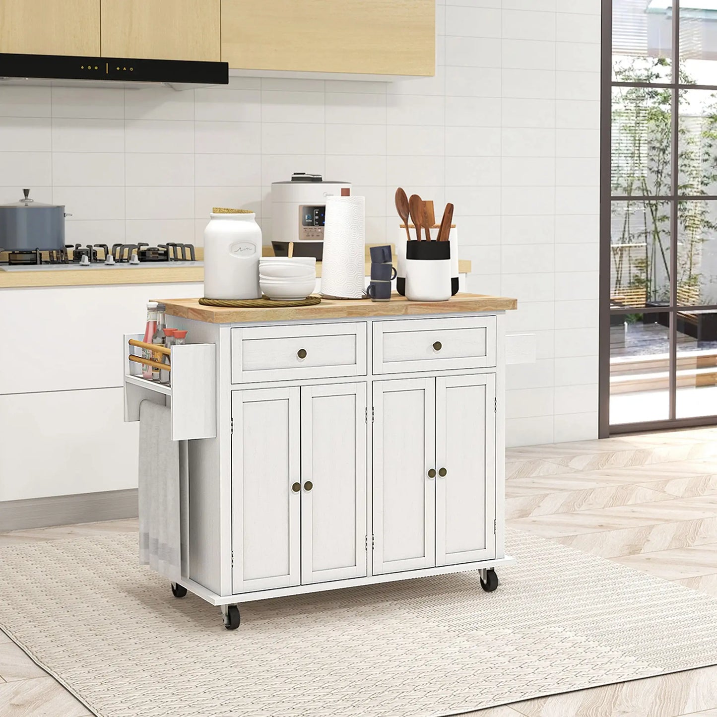White Kitchen Island Trolley with Rubberwood Top, Drawers & Storage Cabinets