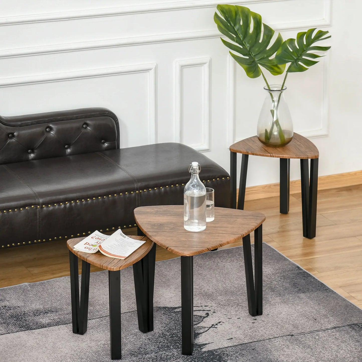 HOMCOM Nest of 3 Triangle Coffee Tables - Industrial Walnut Nesting Side Table Set with Steel Legs