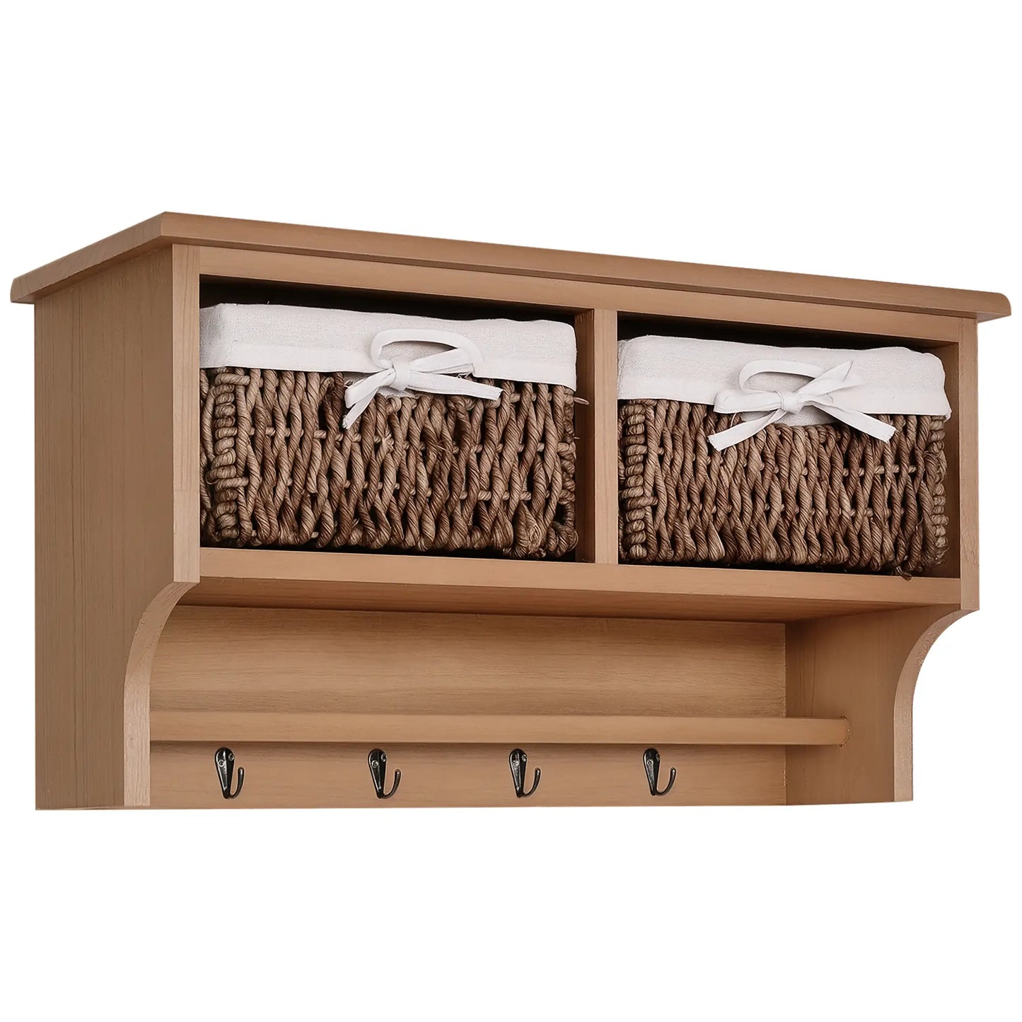 Wall Mounted Coat Rack Shelf with Hooks & Baskets – Modern Entryway Storage (Brown)