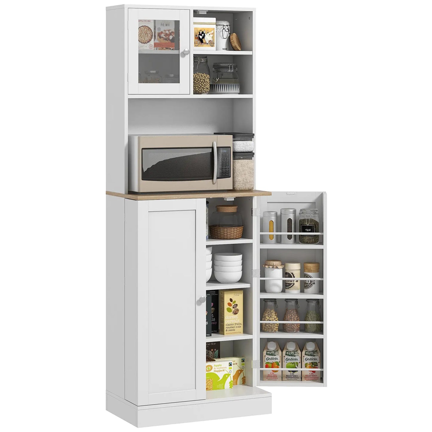 HOMCOM Kitchen Pantry Storage Cabinet with Microwave Shelf & Adjustable Shelves – White