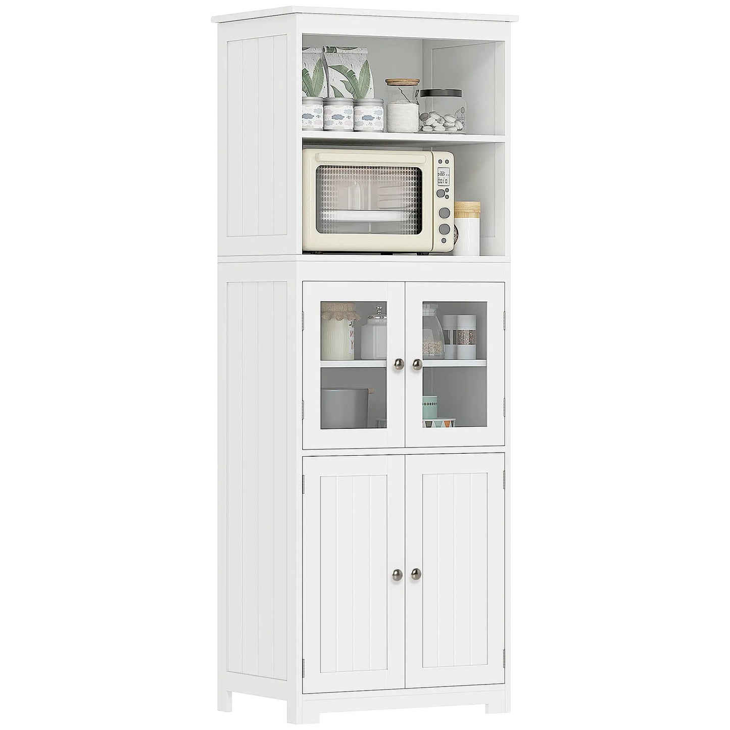 Tall Kitchen Pantry Cupboard – 4 Door Storage Cabinet with Glass Display (White)