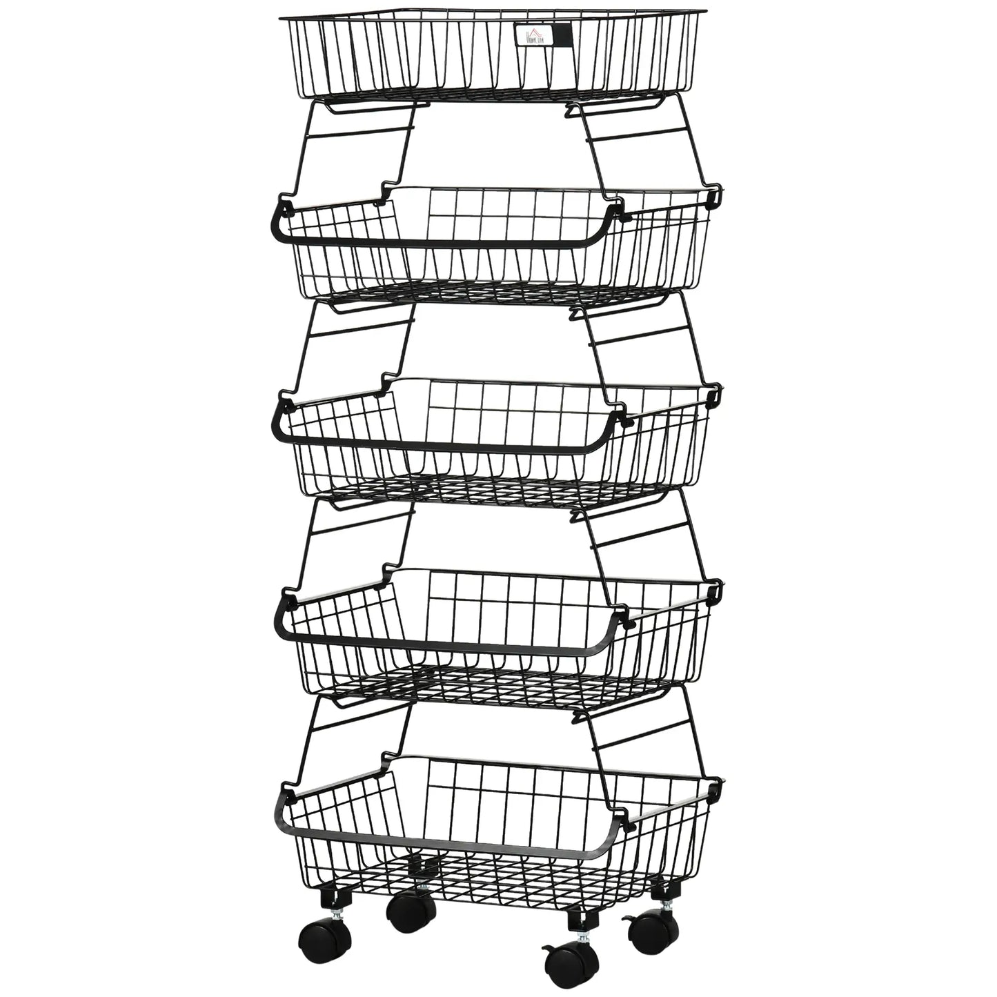 HOMCOM 5 Tier Slim Storage Trolley on Wheels – Stackable Kitchen & Utility Cart Black