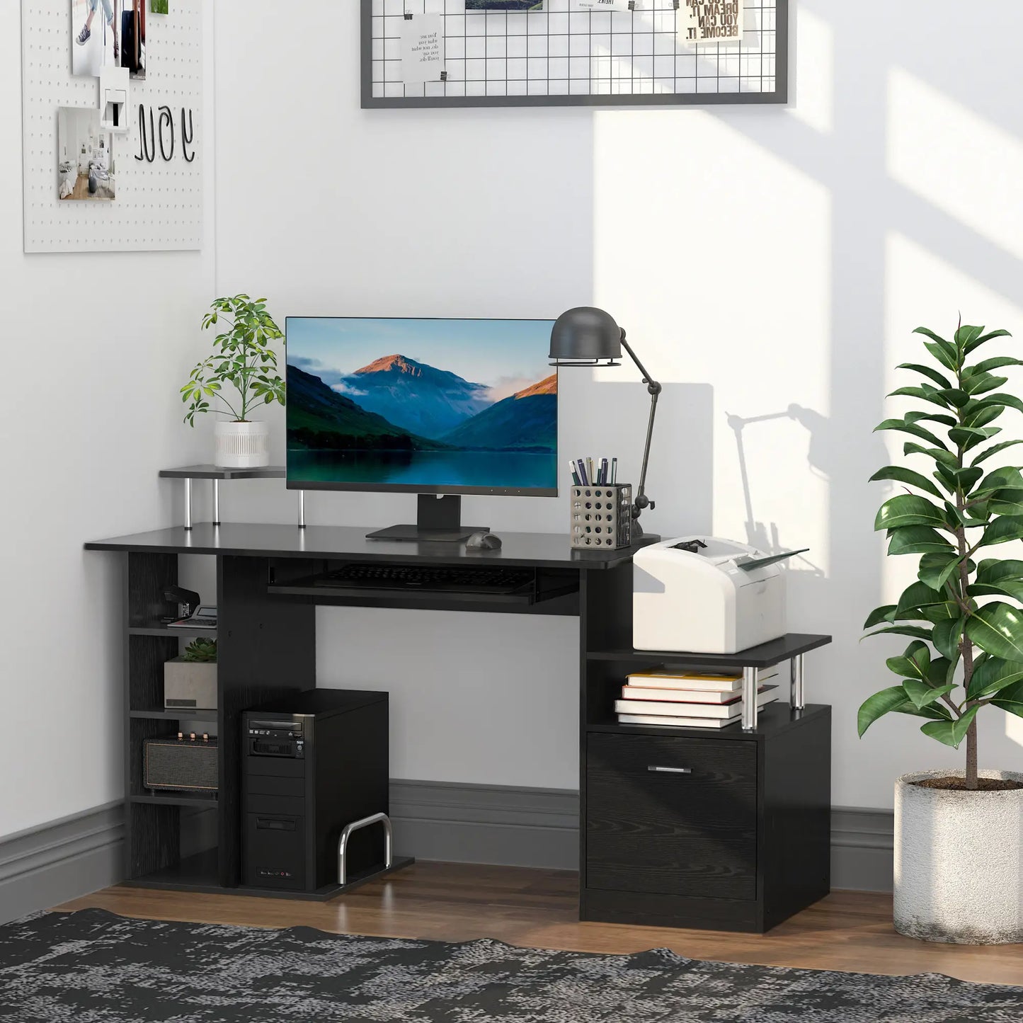 HOMCOM Computer Desk Workstation with Storage Shelves Drawer & Keyboard Tray – Black