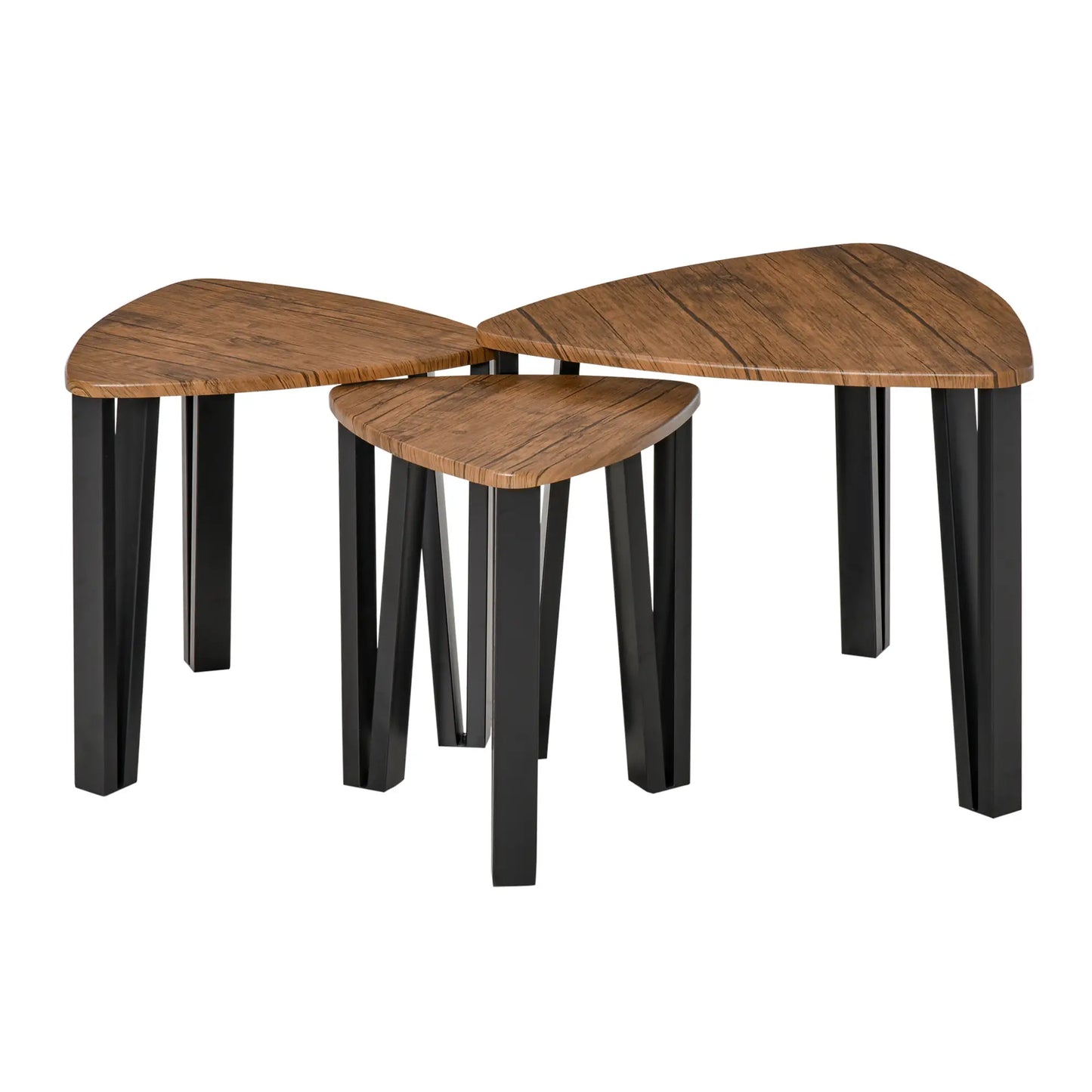 HOMCOM Nest of 3 Triangle Coffee Tables - Industrial Walnut Nesting Side Table Set with Steel Legs
