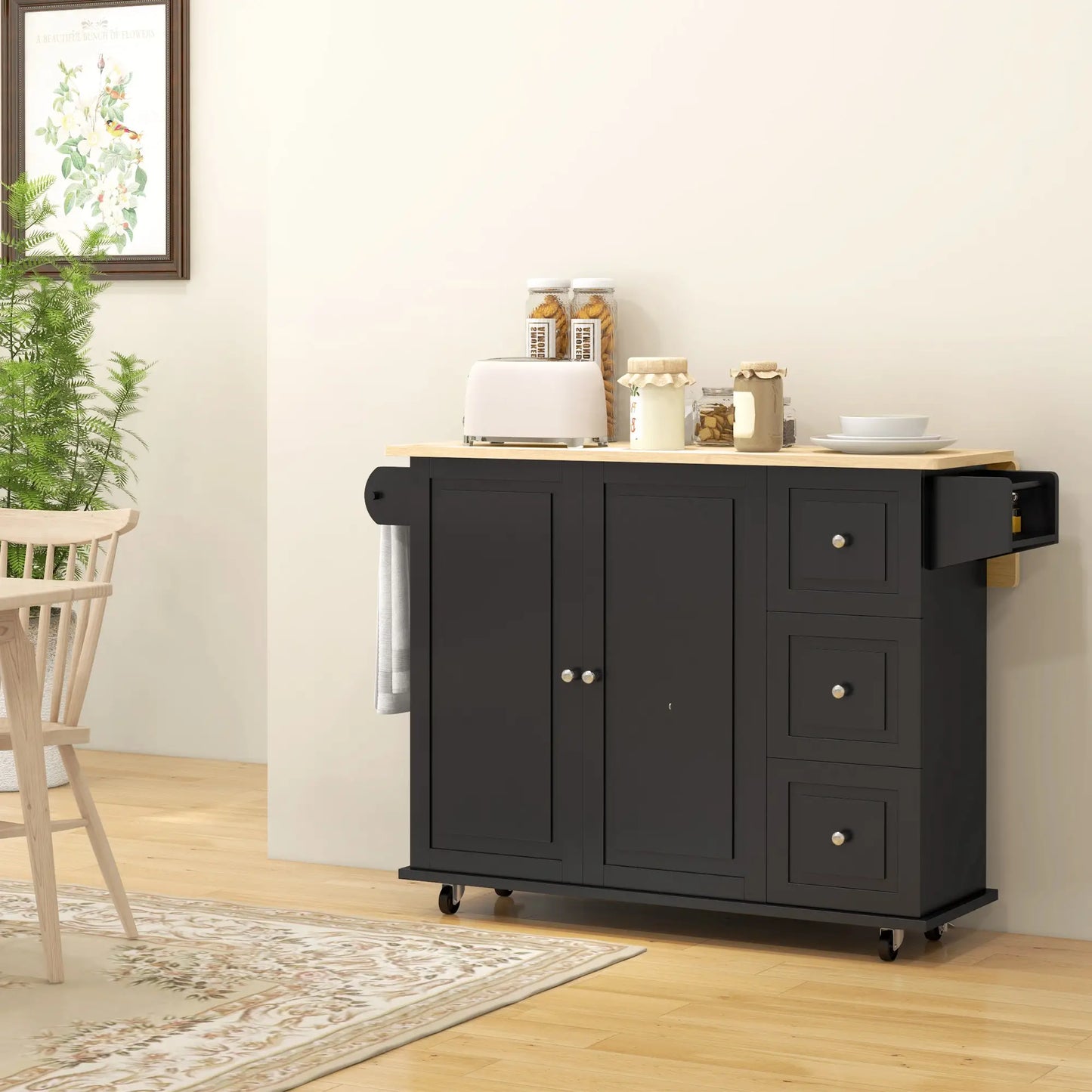 Kitchen Island with Drop Leaf + Storage - Trolley on Wheels with 3 Drawers in Black