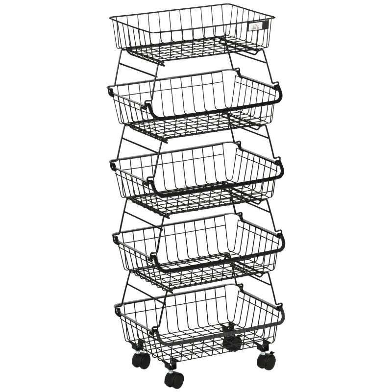 HOMCOM 5 Tier Slim Storage Trolley on Wheels – Stackable Kitchen & Utility Cart Black