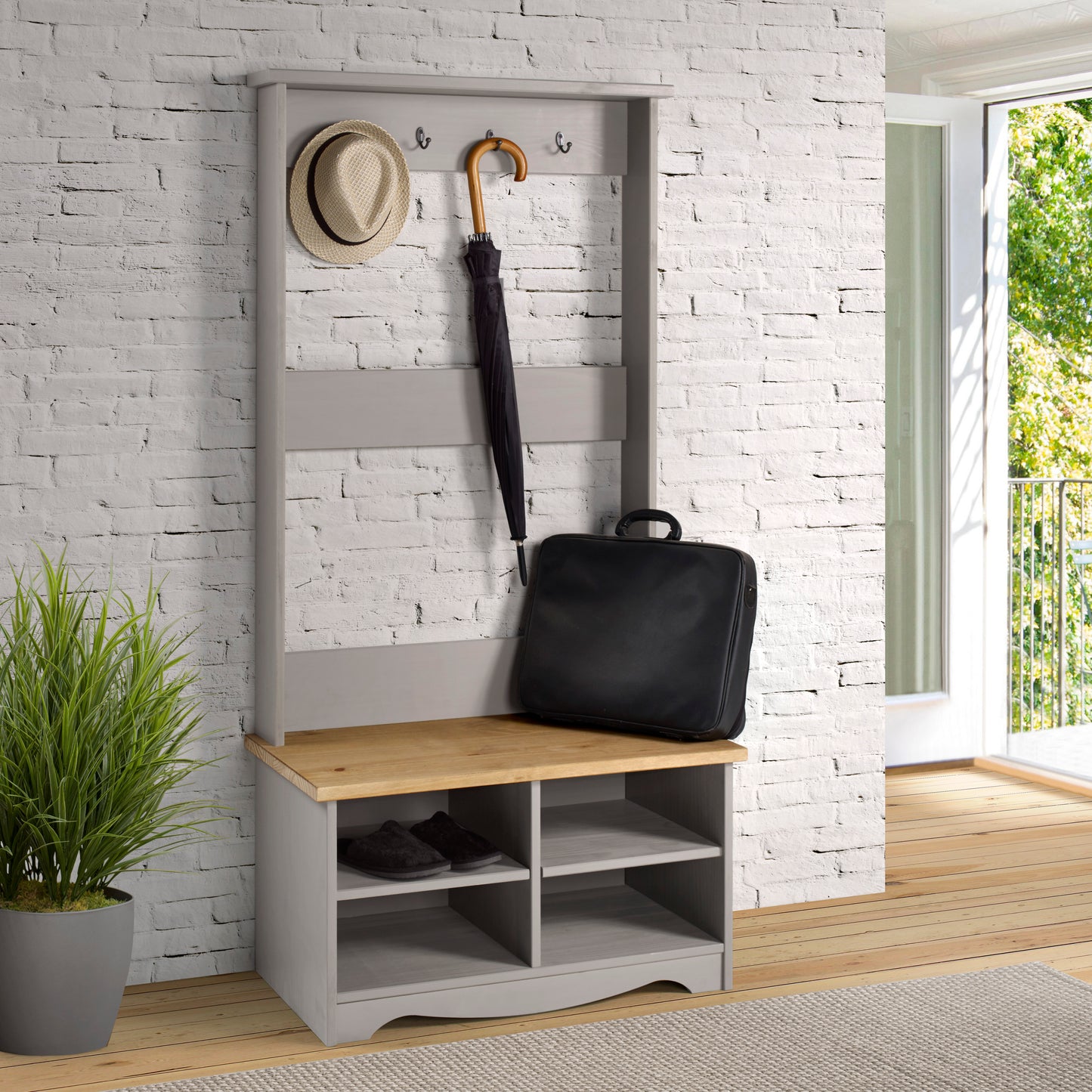 Corona Grey Shoe Bench with Coat Rack