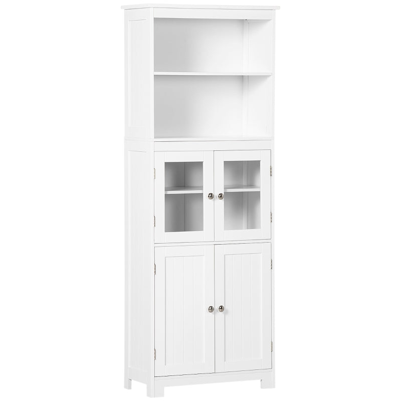 Tall Kitchen Pantry Cupboard – 4 Door Storage Cabinet with Glass Display (White)