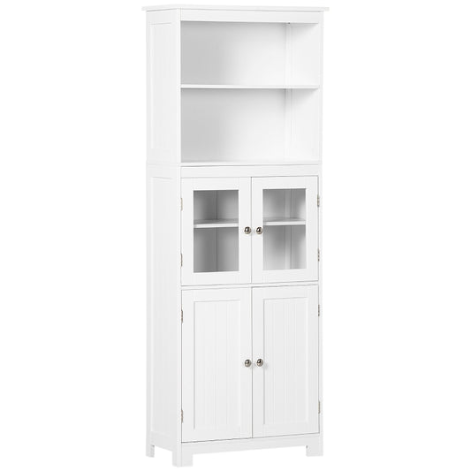 Tall Kitchen Pantry Cupboard – 4 Door Storage Cabinet with Glass Display (White)