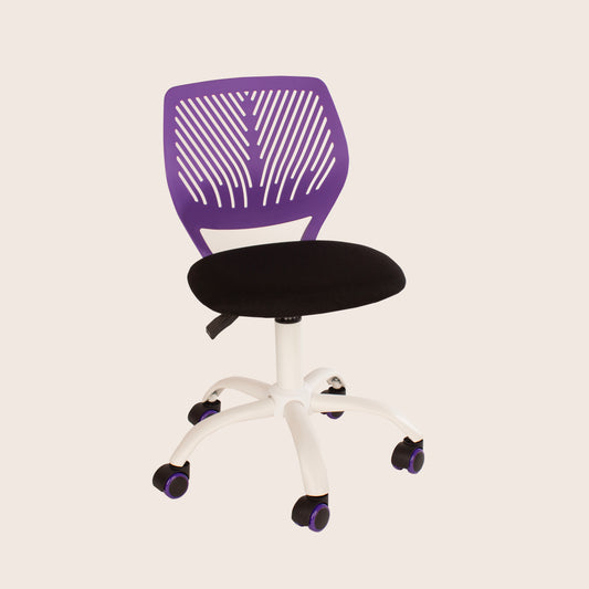 Compact Teenage Study Chair with Purple Plastic Seat Back, Black Fabric Seat & White Base