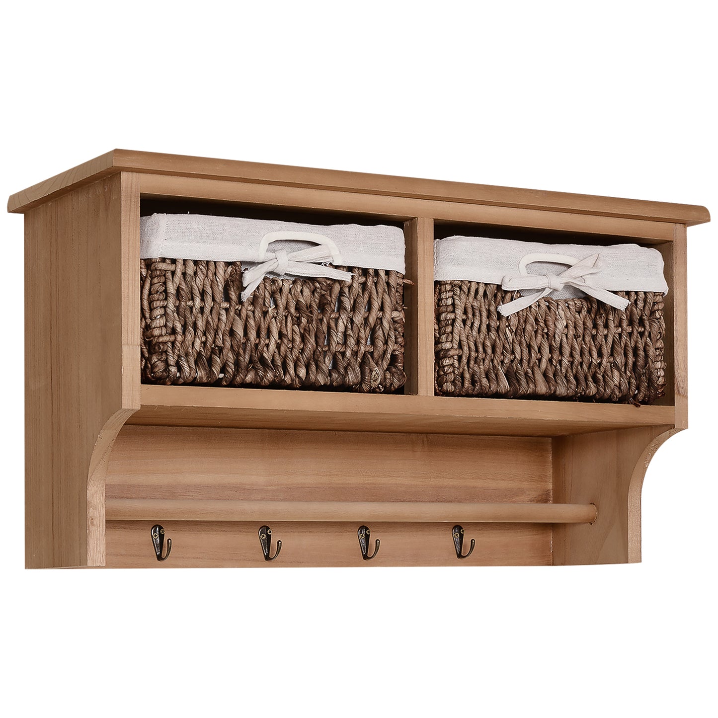 Wall Mounted Coat Rack Shelf with Hooks & Baskets – Modern Entryway Storage (Brown)