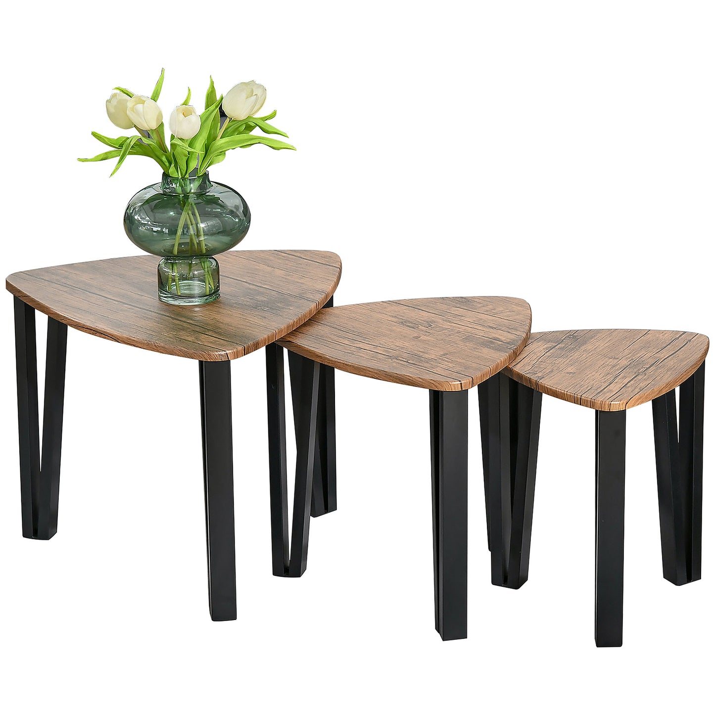 HOMCOM Nest of 3 Triangle Coffee Tables - Industrial Walnut Nesting Side Table Set with Steel Legs