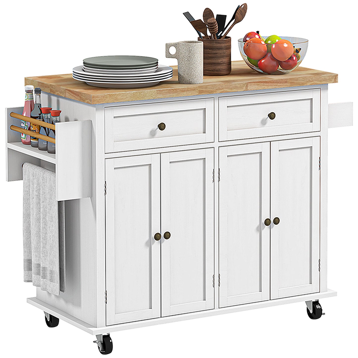 White Kitchen Island Trolley with Rubberwood Top, Drawers & Storage Cabinets