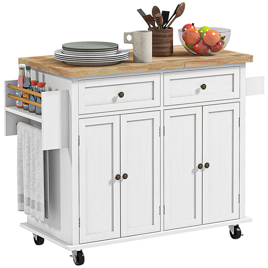 White Kitchen Island Trolley with Rubberwood Top, Drawers & Storage Cabinets