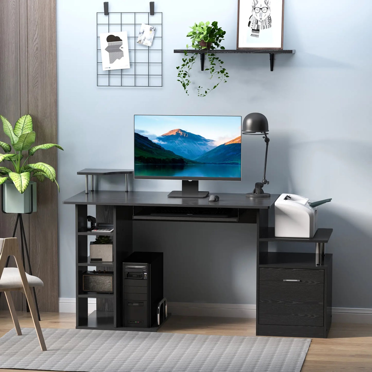 HOMCOM Computer Desk Workstation with Storage Shelves Drawer & Keyboard Tray – Black