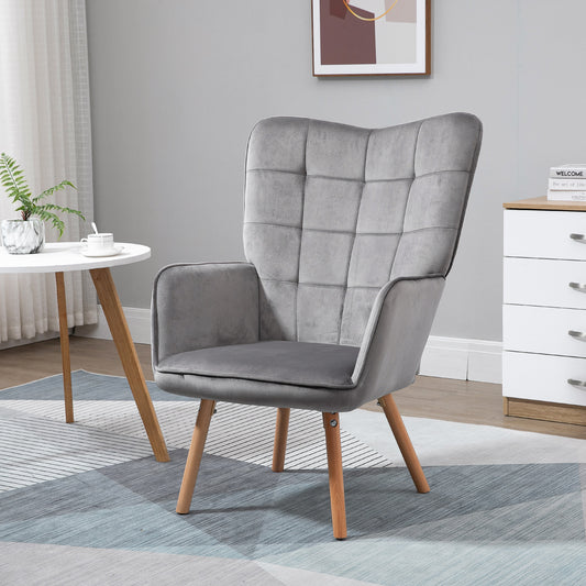 Accent Modern Armchair (HOMCOM) Cushioned Upholstered Velvet Tufted Wingback Leisure Armchair in Grey