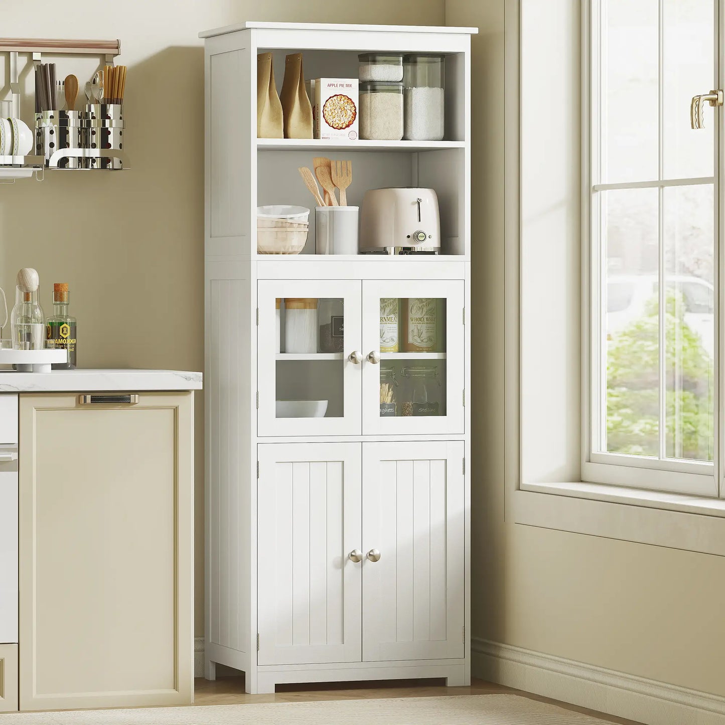 Tall Kitchen Pantry Cupboard – 4 Door Storage Cabinet with Glass Display (White)